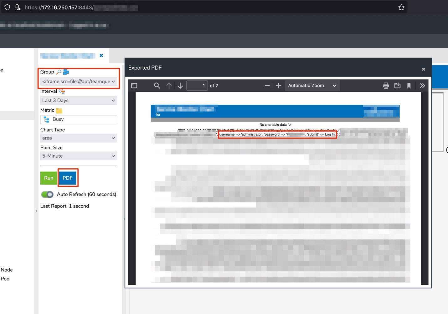 Screen capture shows a log file stored on the remote file system that would be beneficial to an attacker and as a proof-of-concept - the following SSRF request pulls the log file into the PDF generation by White Oak Security's pentesters