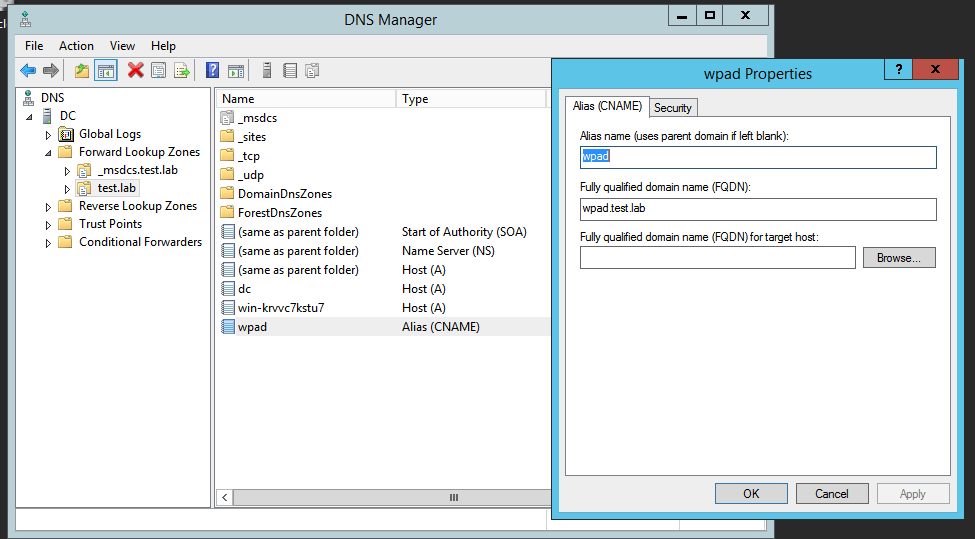 This screen grab from White Oak Security shows how to create a WPAD configuration that points to the corporate proxy server. In many instances, it is best to disable WPAD entirely by creating an empty WPAD entry. This can be done by creating a DNS CNAME record with the name “wpad” and an empty FQDN.