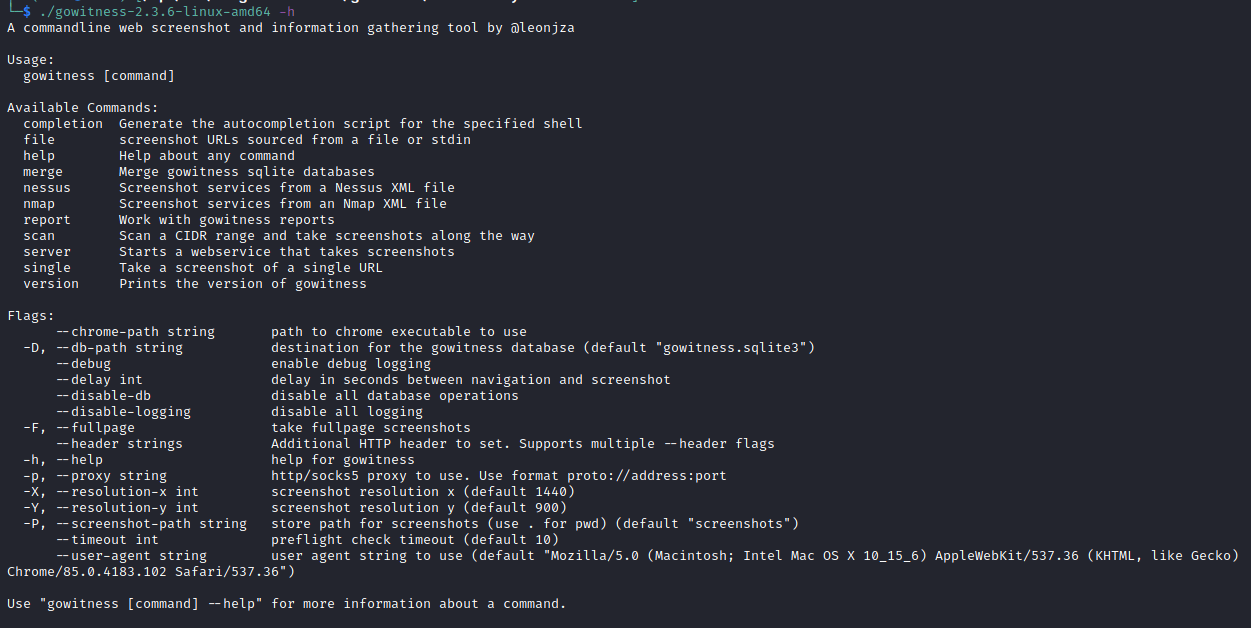 A snapshot by White Oak Security of the CLI arguments can be seen below which provides a window into the gowitness tool’s feature set.