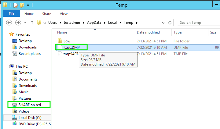 this capture of code from the White Oak Security blog shows that a folder called SHARE on Red is highlighted with the lsass dump file.