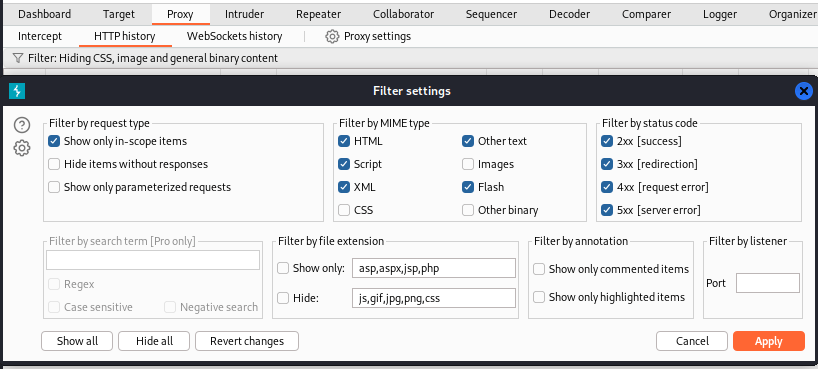 Burp Suite filter settings show only in scope image by White Oak Security 