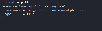 eip.tf screenshot of terraform and autosneakphish code by White Oak Security