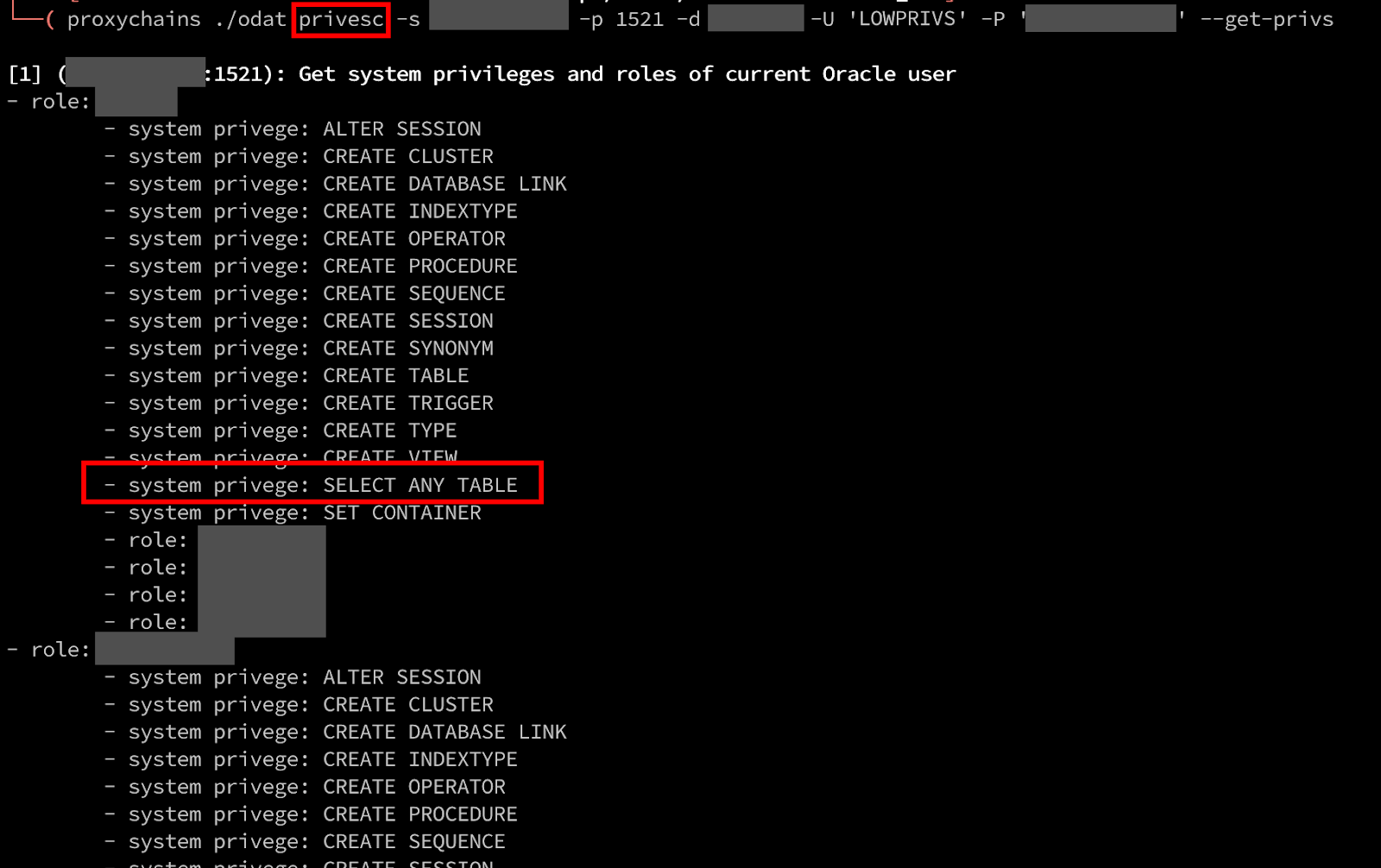 White Oak Security shows that our user does not have any GRANT permissions, which lines up with why our previous attempt was denied. However, we do see an interesting permission in “SELECT ANY TABLE”. 