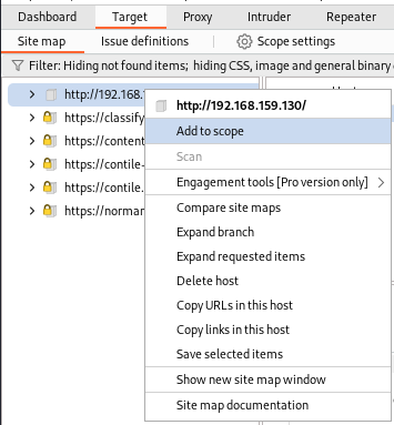 Burp Suite web proxy for template generation. Before generating templates on the target request, it is always a good practice to add the target URL to the scope, which allows to filter requests by the in-scope URL. To do this, go to the “Target” tab, right click on the target, and add the target to scope. Screenshot by White Oak Security 