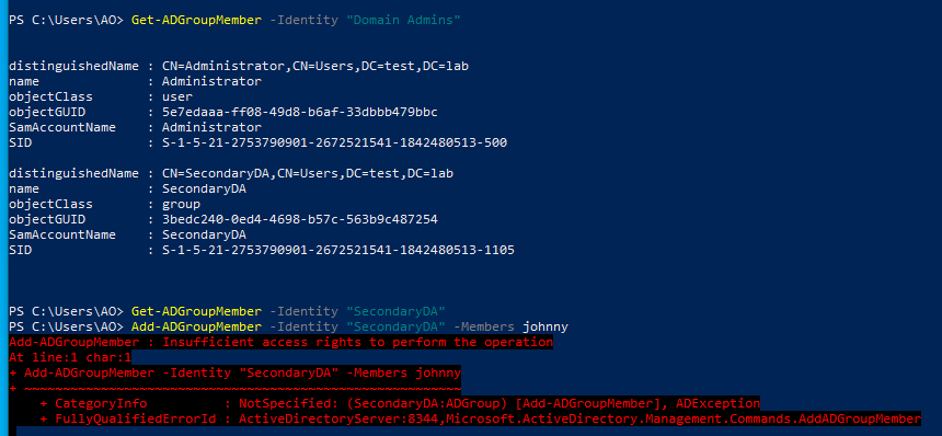 The group “SecondaryDA” was created as a member of the “Domain Admins” group. Attempting to add any user to this group as the account operator fails, suggesting that the ACL is properly inherited and prevents this method of escalation In this screenshot of code by White Oak Security 