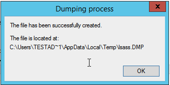 this capture shows a dump file in the user’s AppData\Local\Temp directory was successfully created