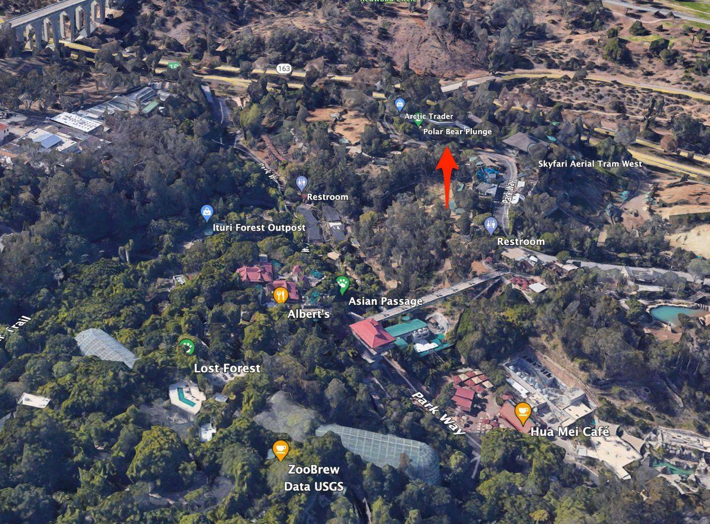 White oak security’s screen grab of Google maps San Diego zoo with arrow to the polar bear enclosure. 