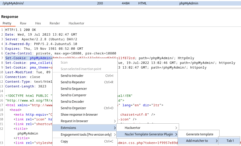 Set cookie > phpMyAdmin Extensions > nuclei template generator plugin > add matches to > tab 1 screenshot by White Oak Security 