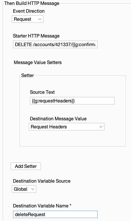 White Oak Security shares a screenshot of Reshaper's Then Build HTTP Message box - the event direction request, the DELETE/accounts/421337/{gLcomfirmtionid}} with the source text saying and the destination variable name as deleteRequest.