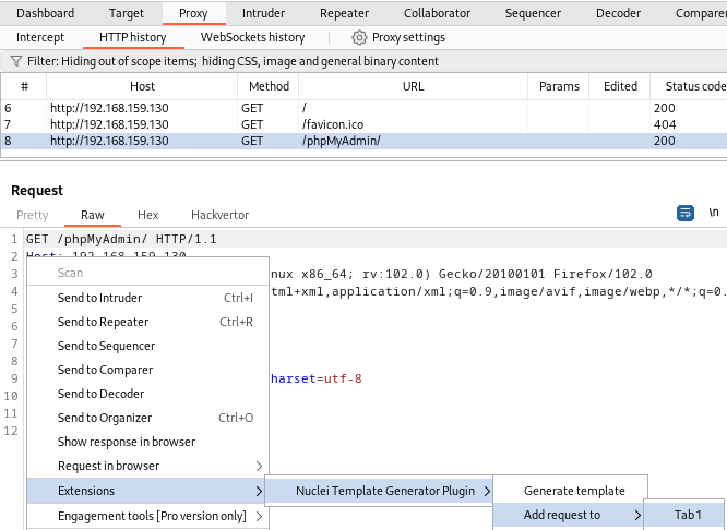 Extensions > nuclei template generator plugin > add request to > Tab 1 screenshot by White Oak Security 
