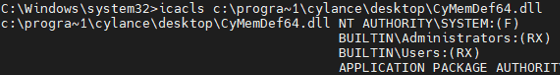 This white oak security screenshot shows icacls command used to verify file permissions of CyMemDef.dll