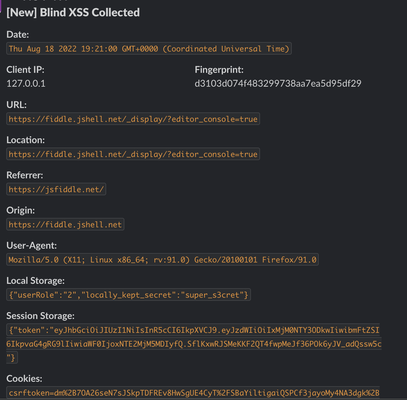 On Slack, White Oak Security shares the screenshot of chatbot post messages using API key stored as environment variable within the function, which is tracked with each new payload. 