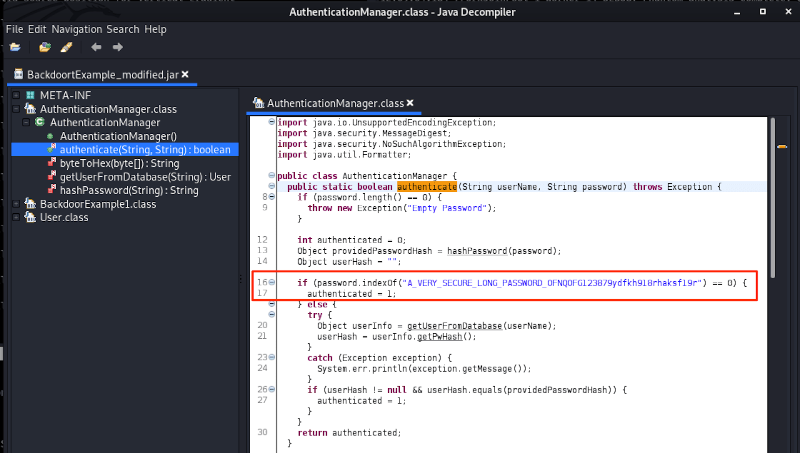 This screenshot shows how White Oak Security's penetration testers Choose a good name for the modified binary (i.e. BackdoorExample_modified.jar). Now it is probably a good idea to check that it was recompiled and packed appropriately. Open jd-gui and load the modified binary. Browse to the modified “authenticate” method and make sure the password was modified.