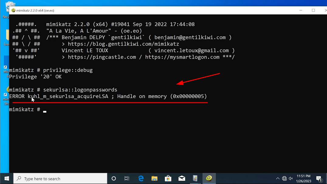 Mimikatz fail screenshot by White Oak Security. cyber advisors