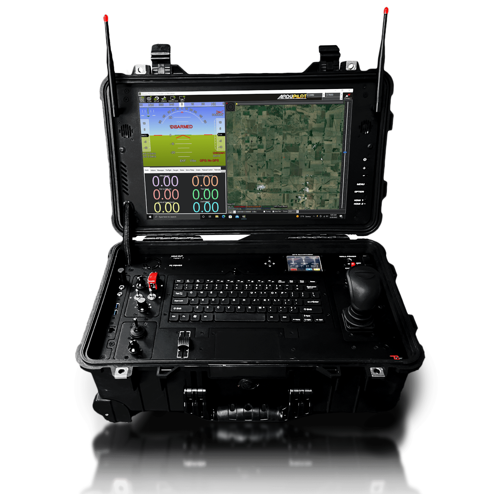 LoRa frequency “tool” kit shows a ‘briefcase’ box with signal antennas sticking up on the top of it, a sccreen with a map and then a keyboard on the bottom with a joystick and some switches. Very penetration testing savvy by White Oak Security.