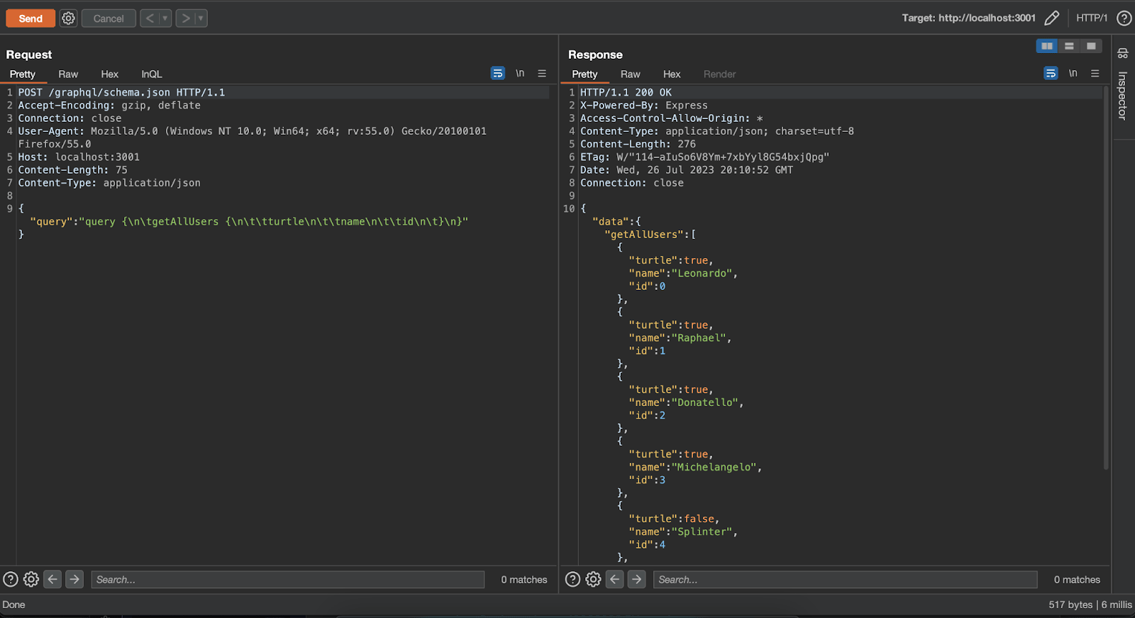 Once InQL’s Scanner is populated with queries, you can send any of those as a request in Repeater by right-clicking in the query pane and then Send to Repeater. White oak security image. 