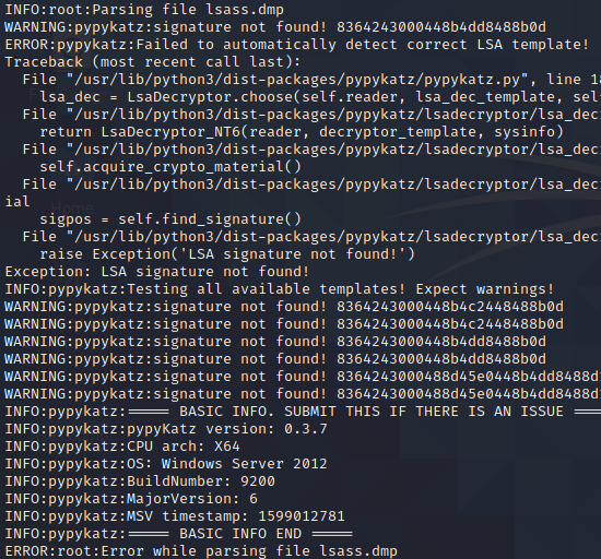 pypykatz error message when extracting corrupted LSASS memory dump by white oak security