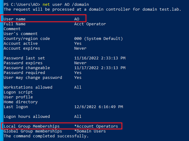 Screenshot of code by White Oak Security has red box highlights that say username - AO and Local Group Memberships - *Account Operators 