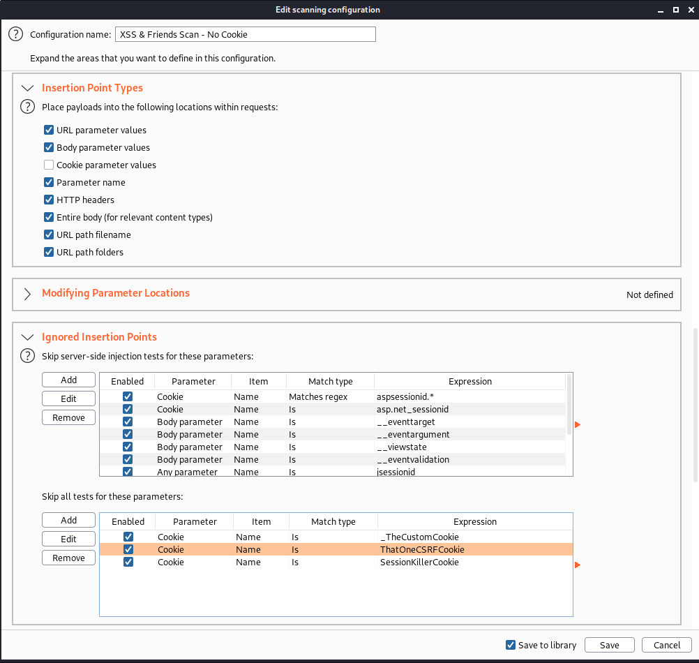 An example scan configuration in Burp Suite removes cookies from the scan configuration insertion points.