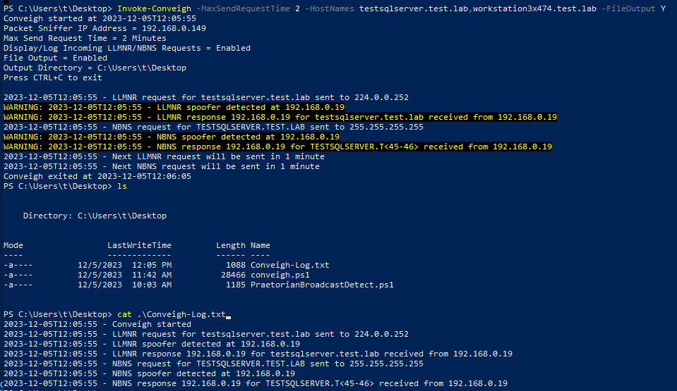 File output can be enabled on Conveigh as well to log to a file using the -fileOutput flag, which can then be ingested by an SIEM Screenshot by white oak security 