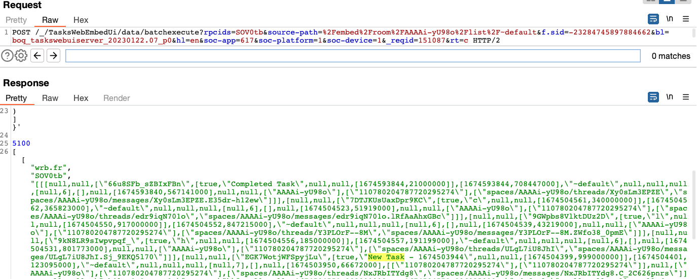 White Oak Security kicks off another request with this screenshot of code to the same url with the SOV0tb remote procedure call - only obtaining completed Google Tasks