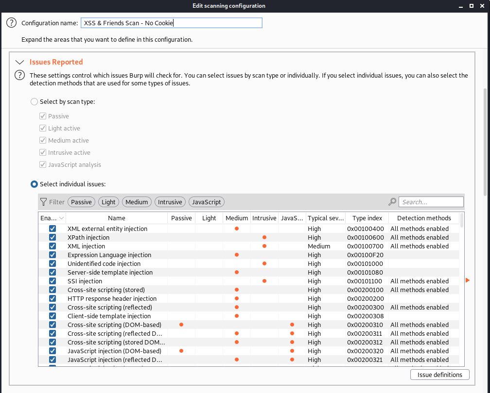 screenshot of Burp Suite "edit scanning configuration" page with No Cookie name