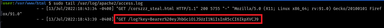 This code screenshot from White Oak Security's penetration testing expert shows that the Bearer token is now logged on the attacker’s server, and the victim’s session has been directly compromised.