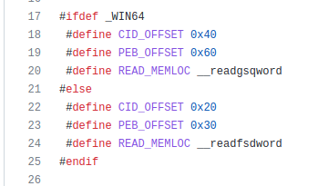 Screenshot of white oak security’s code of the READ_MEMLOC() call is implemented via a preprocessor define statement, pointing to either __readfsdword or __readgsqword depending on the select architecture (x86/x64)